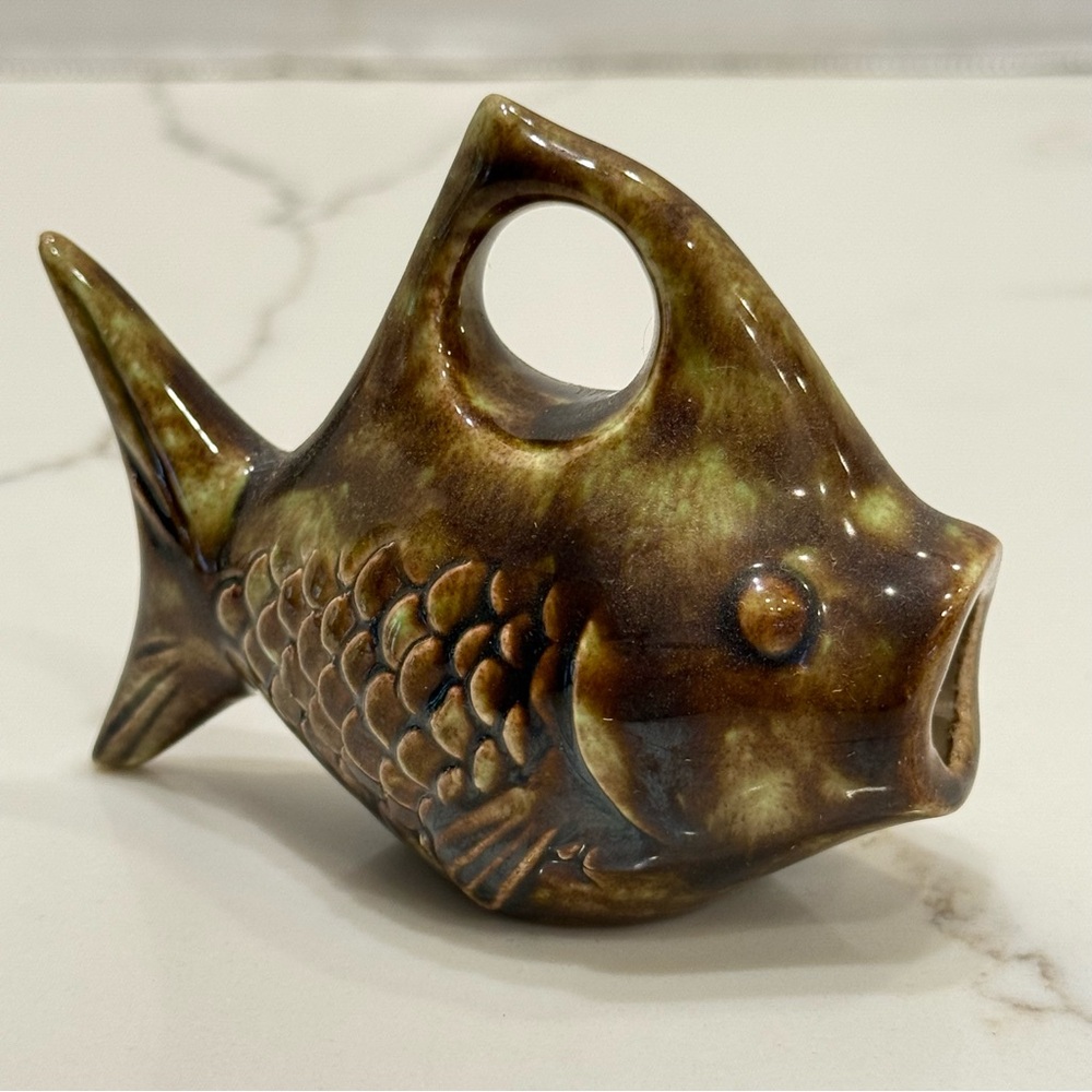 Vintage Ceramic Brown Fish Toothpick Holder 3" Whimsical Charming Foodie